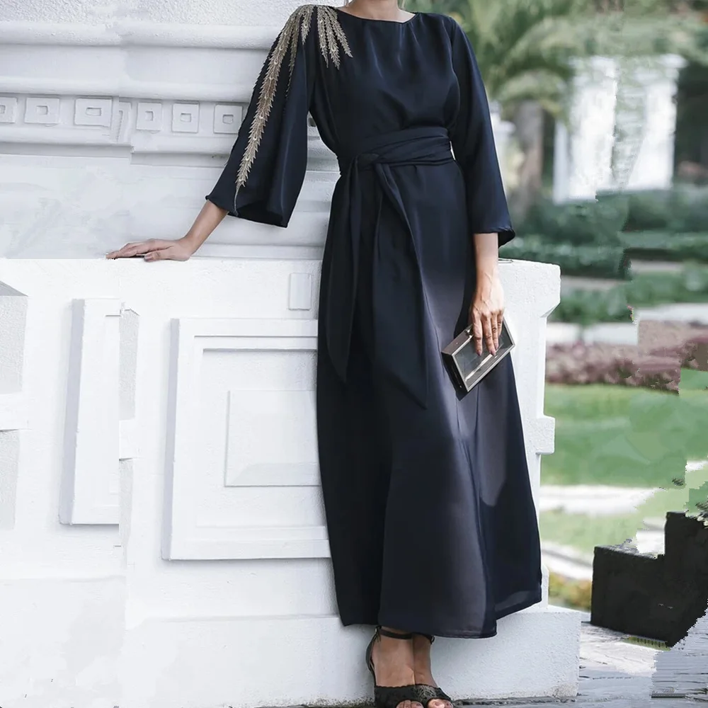 

Middle East mid-sleeved cardigan dubai embroidered muslim dress, Black,pink
