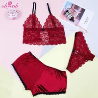 

High quality 3 pieces sexy silk mesh lace women bralette crop top set