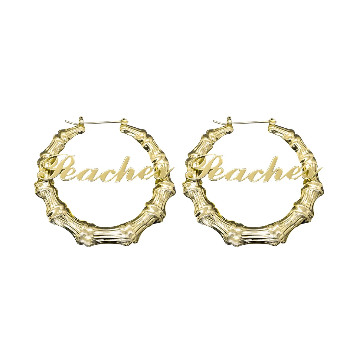 

2021 Customer Design Hoop Gold Plated Earrings Hiphop Geometric Bamboo Name Earrings Personalised Hoops Women Rapper Jewelry