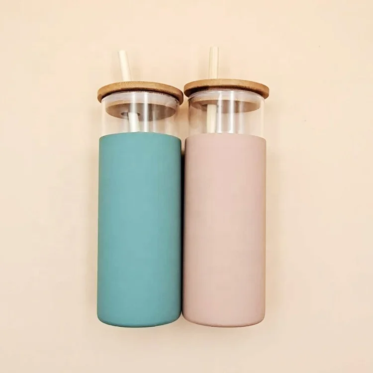 

480ml/20oz Glass Tumbler with Bamboo lid & Straw & Silicone Protective Sleeve, BPA Free Glass Water Bottle, Customized color