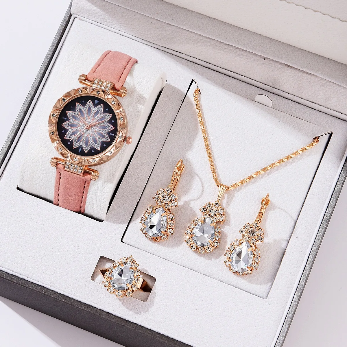 

Luxury PU Colorful Zircon Water Drop Pendant Diamond Necklace Earrings Bracelet Ring Watch Set Women's Quartz Watch Gift