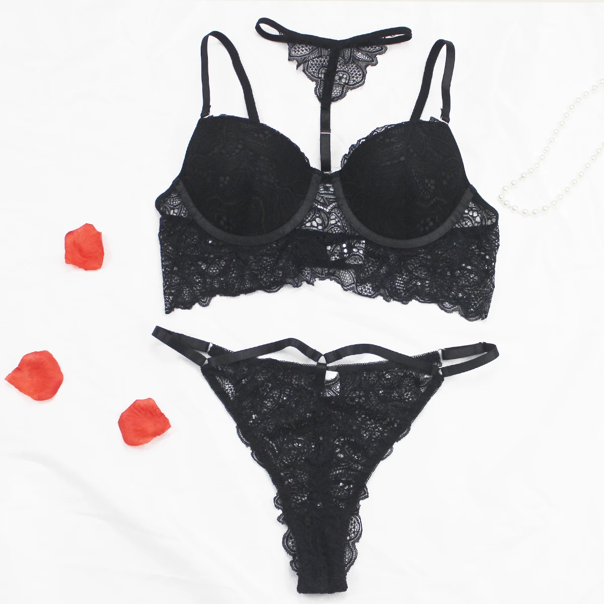 

Factory wholesale high quality lace underwear set hanging neck perspective temptation sexy lingeries set, Black