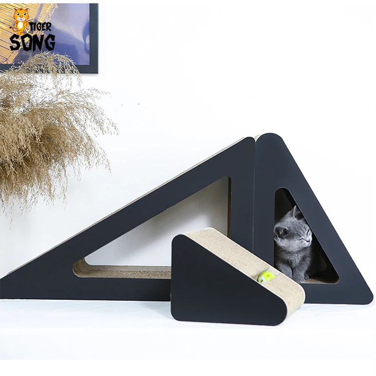 

Hot selling triangle Corrugated Cardboard kitty play house cat scartcher with toy, Brown