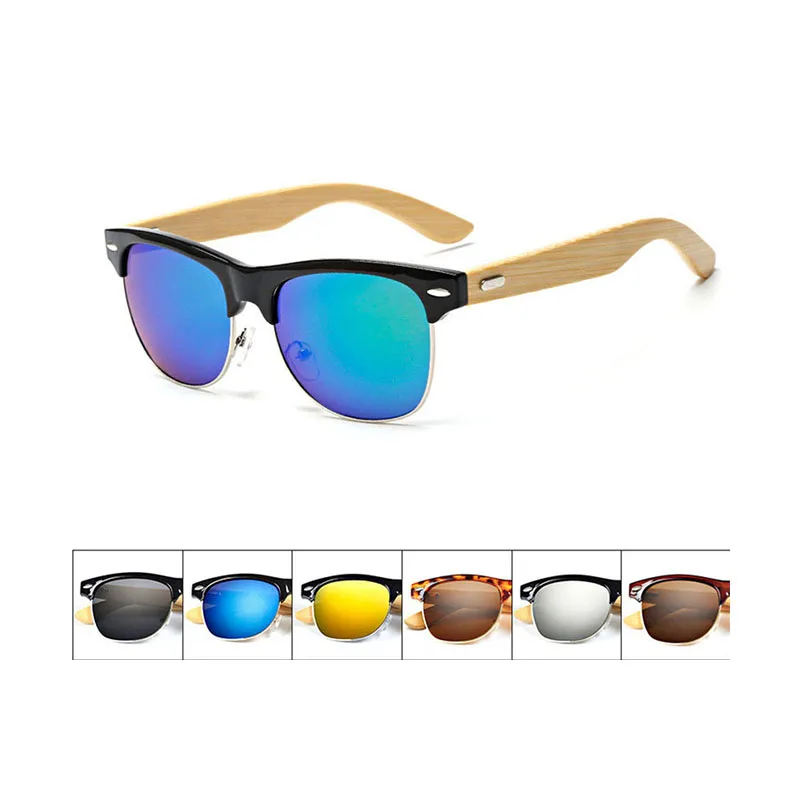 

Retro bamboo Sunglasses Women Mirror Lens Glasses Men Wooden Sun Glasses with Wrap Semi Rimless Shades