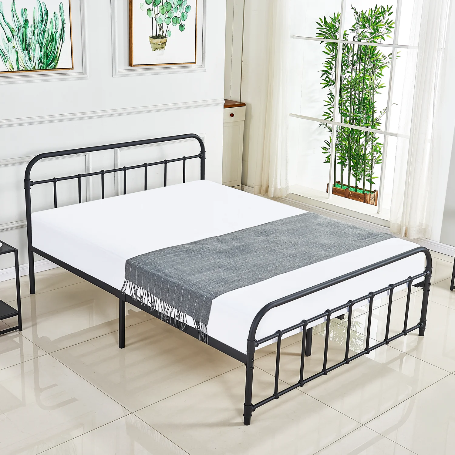 

Metal Bed Platform Queen Size Frame with Headboard/No Boxspring Needed/Mattress Foundation, Black