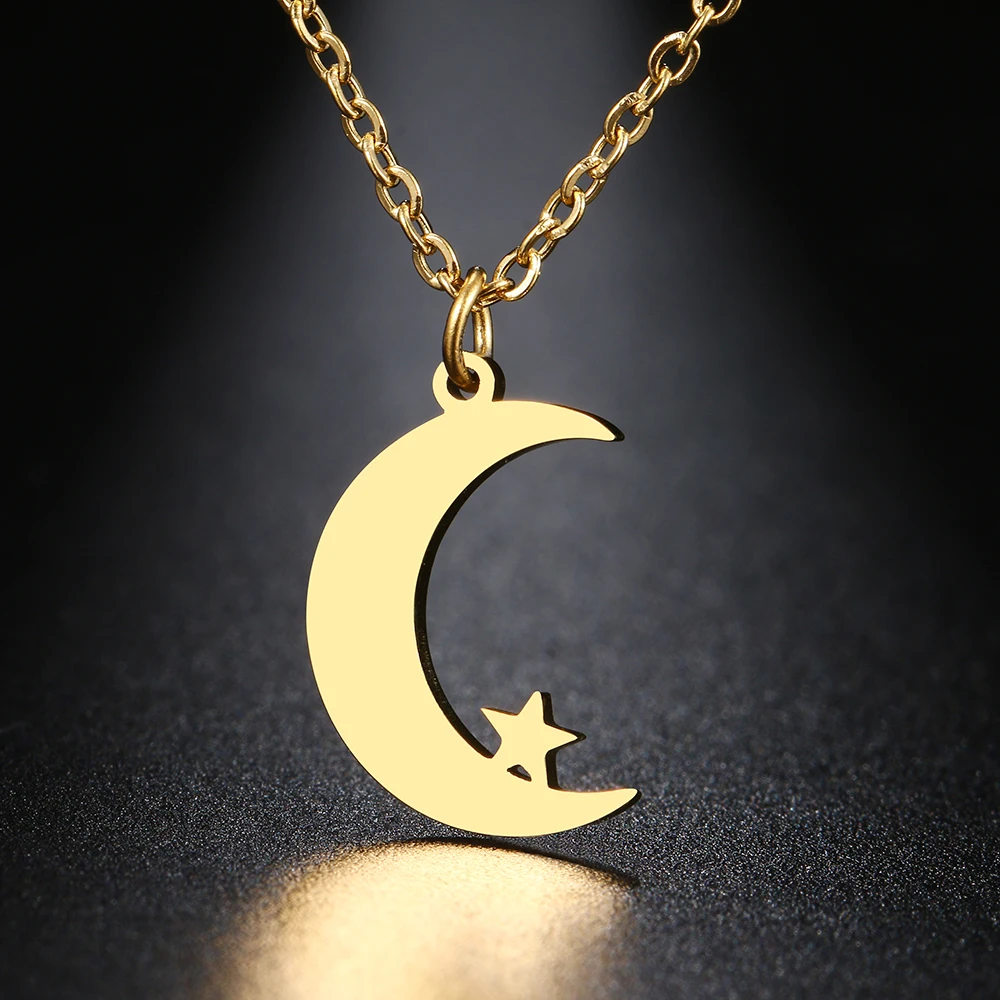 

Stainless Steel Necklaces Simple Moon Stars Pendant Collar Chain Fashion Necklace For Women Jewelry Friends Party Gift One Piece, Silver gold