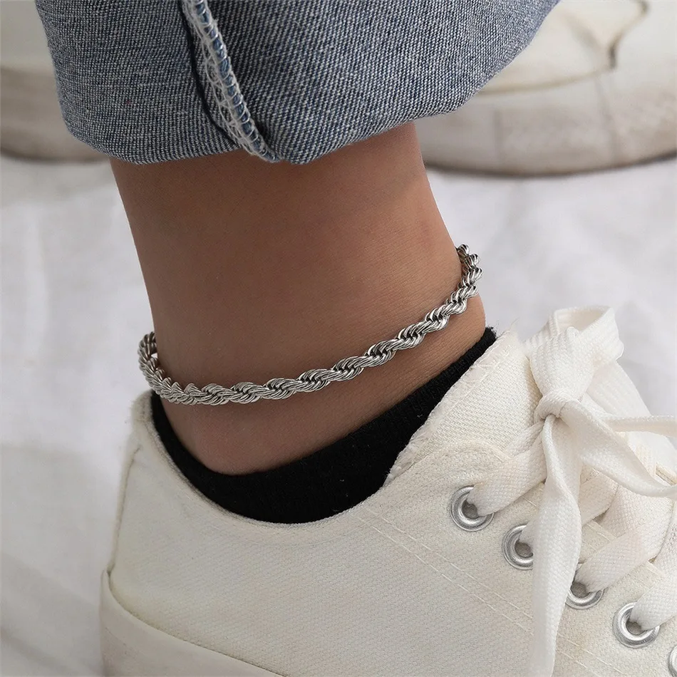 

New Fashion Hip hop Round twist chain anklet Wholesale stainless steel 14k gold plated Rope Chain anklet foot jewelry women