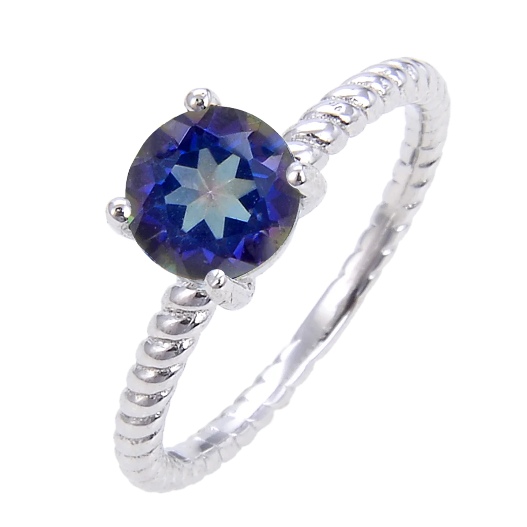 

Abiding Classic Fine Jewelry Solitaire Ring 925 Silver Round Blueish Mystic Quartz Gemstone Twist Women Ring