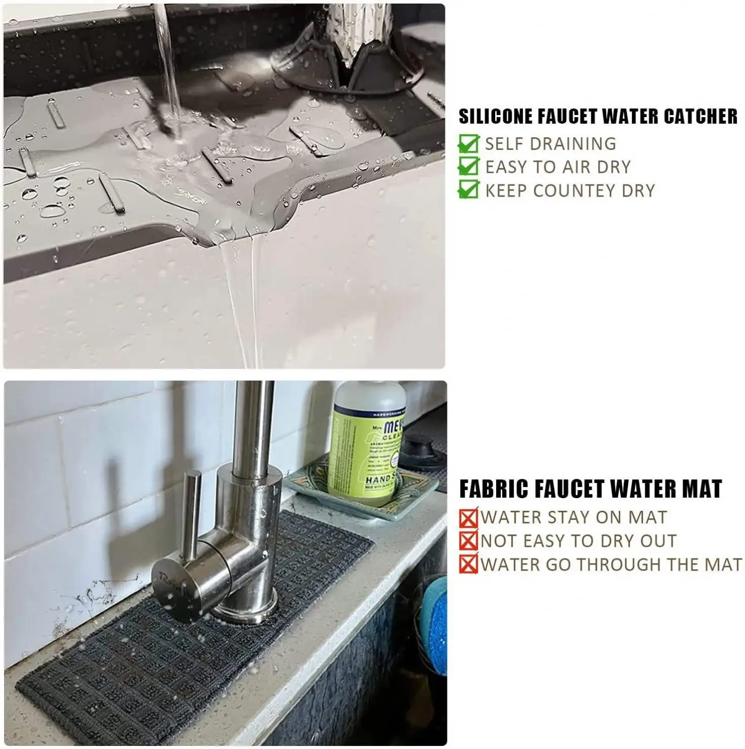 

2022 newest Sillicon Sink Faucet Drip Catcher Microfiber Kitchen Faucet Splash Guard Drip Absorbent Mat Silicone Faucet mat, Black,gray