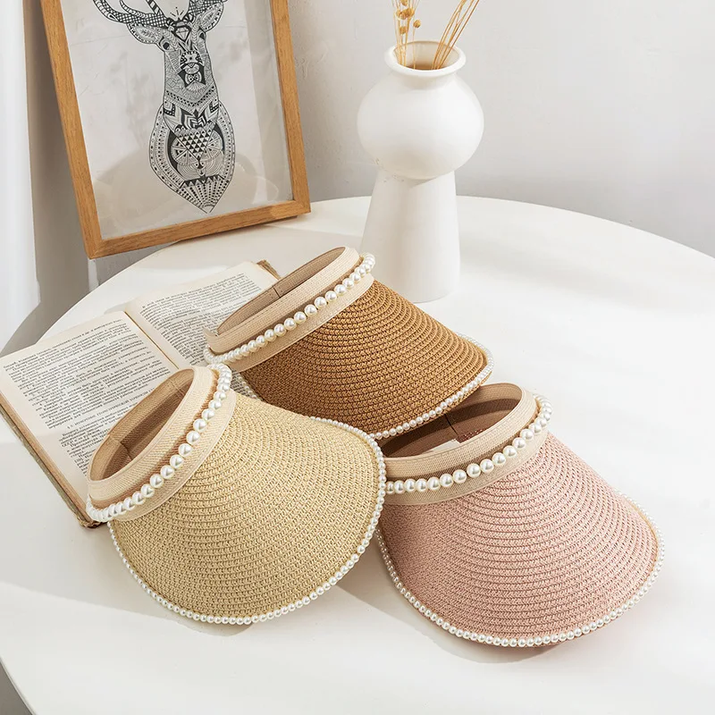 

2022 Foldable Pearls Sun Hats Summer Travel Beach Wide Brim Pearl Empty Top Straw Hats For Ladies And Straw Hat For Women