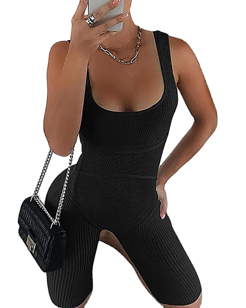 

2021 Hot Sale Sleeveless Skinny Jogging wear Elastic High Bodycon Shorts Rompers Sets Jumpsuit bodysuit, Picture shows