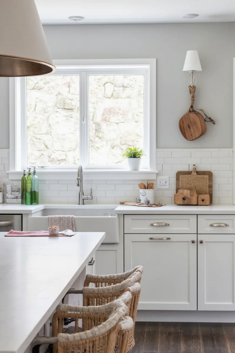 Kitchen with framed art on grey walls