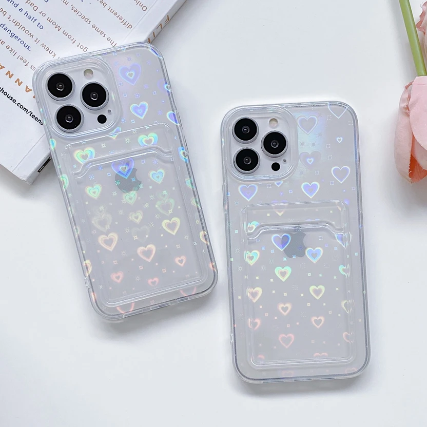 

Laser Gradient Heart TPU Transparent Back Casing Cover Cellphone Cases With Card Holder For iPhone 13 Pro Max