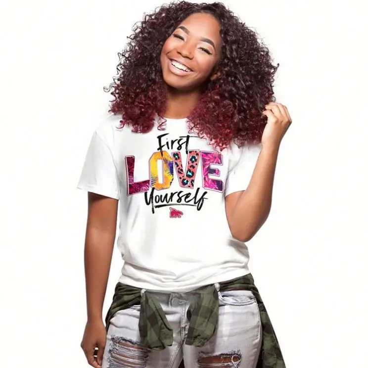 A075155 hot sale short sleeve letter print casual summer white woman regular length tshirt