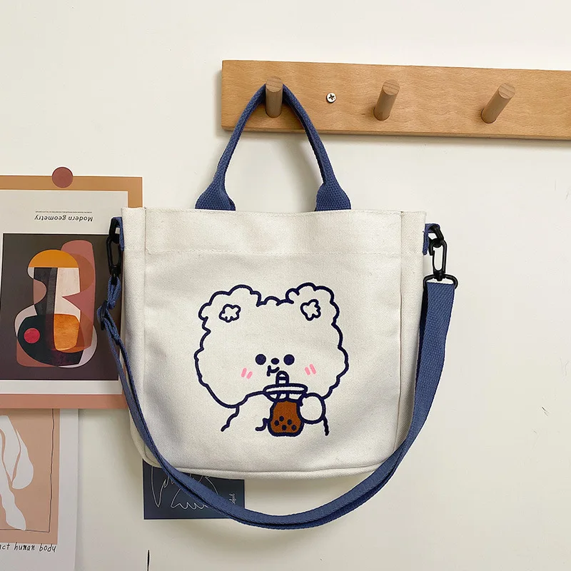 

Women Bag canvas Simple Portable High capacity Bucket bag Little bear Cartoon Shoulder Diagonal Match Chain Small Square Bags, Optional