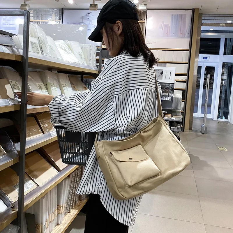 

New arrivals 2021 Wholesale Pocket Canvas ECO Solid Color Tote Large Capacity Letter Waterproof Bag Shoulder Bag