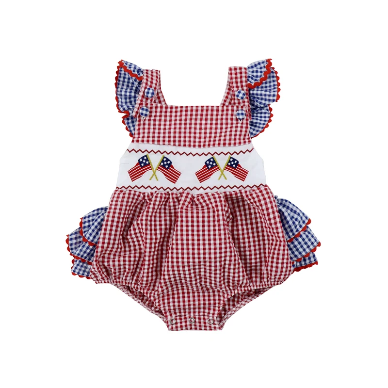 

In Stock RTS Bubble Ruffle Patriotic 4th of july outfit kids Clothes Bodysuit Romper Straps cross Cotton Onesie, As the pictures , many
