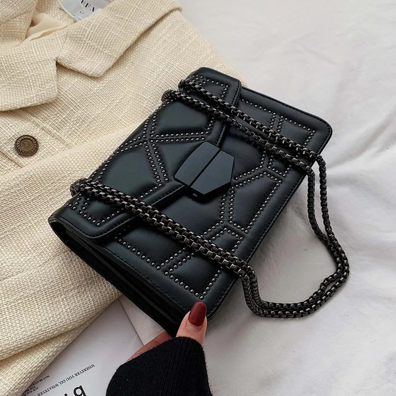 

Rivet Chain Designer PU Leather Crossbody Bags For Women 2021 Simple Fashion Shoulder Bag Lady Luxury Small Handbags, Customizable