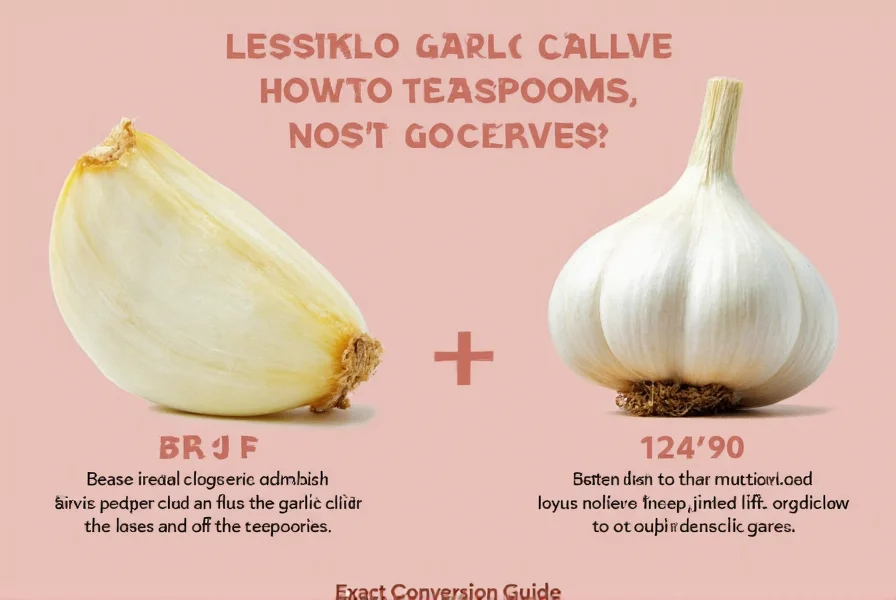 Garlic cloves next to teaspoon measurements showing conversion equivalents