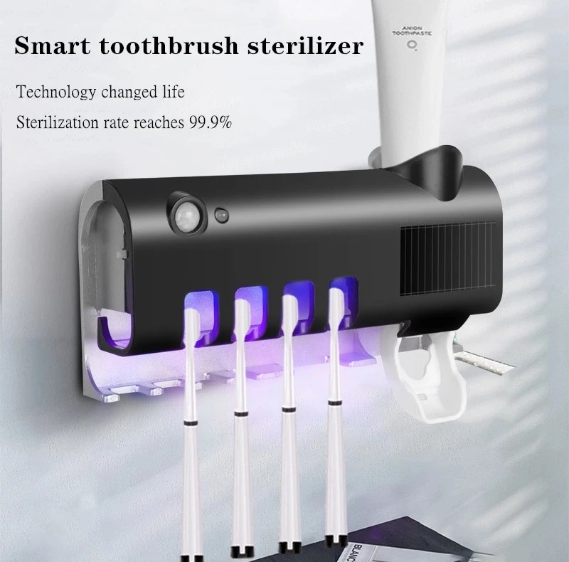 

Bathroom Wall Mounted with Sterilizer Function Toothbrush Disinfect Toothpaste Holder Squeezer Dispenser, White/black