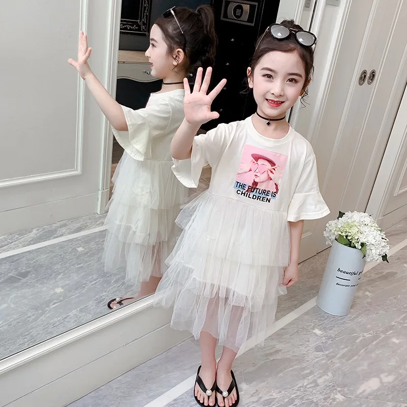

New fashion baby Girls summer ruffled short sleeve printed layered tulle t shirt dress, Picture shows