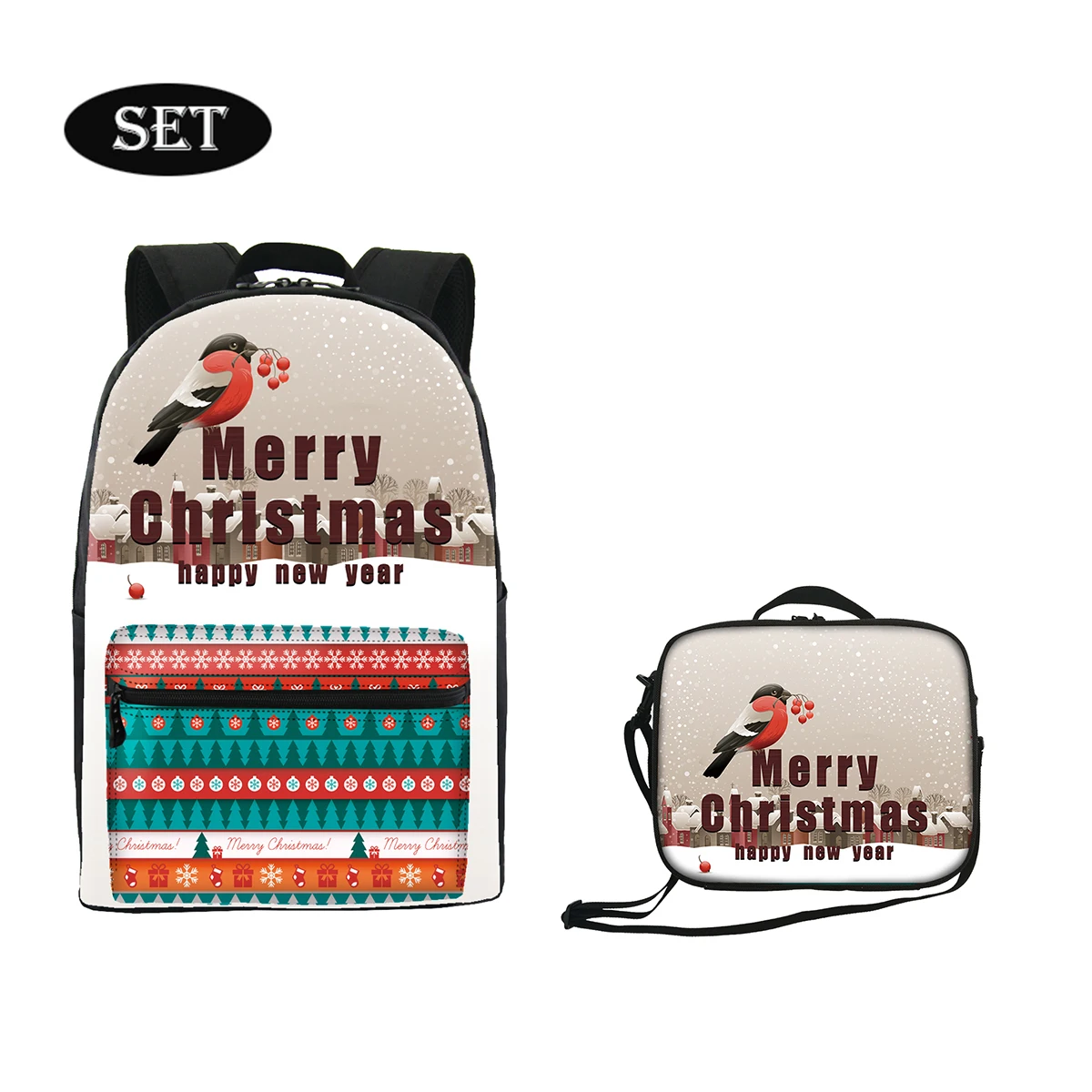 

Good quality christmas design print school backpack with lunch bag popular product lunch box bag food insulated eco friendly, Customized