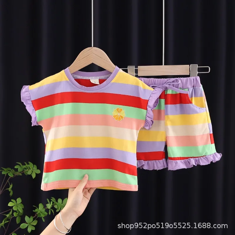 

hot sale new design kids summer baby clothes gift set two-piece suit cute little Girls' Sleeveless stripe cotton Clothing Sets