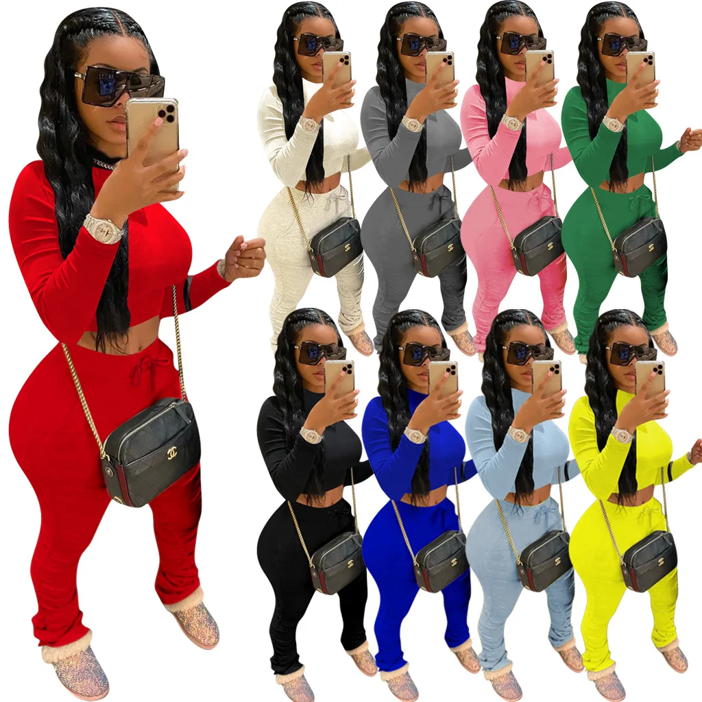 

Hot Selling Women Clothing Stacked Pants Two Piece Set 2 Piece Set Outfits 2020 Pants Solid Color Pant Set