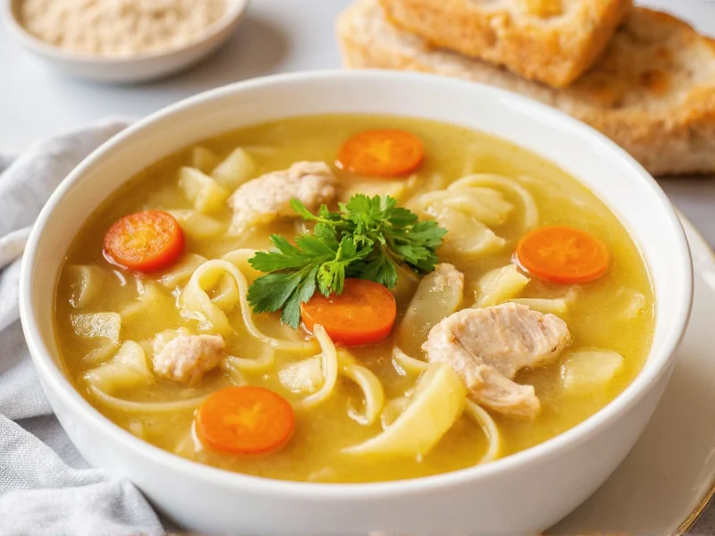 Bowl of homemade chicken noodle soup with fresh parsley garnish