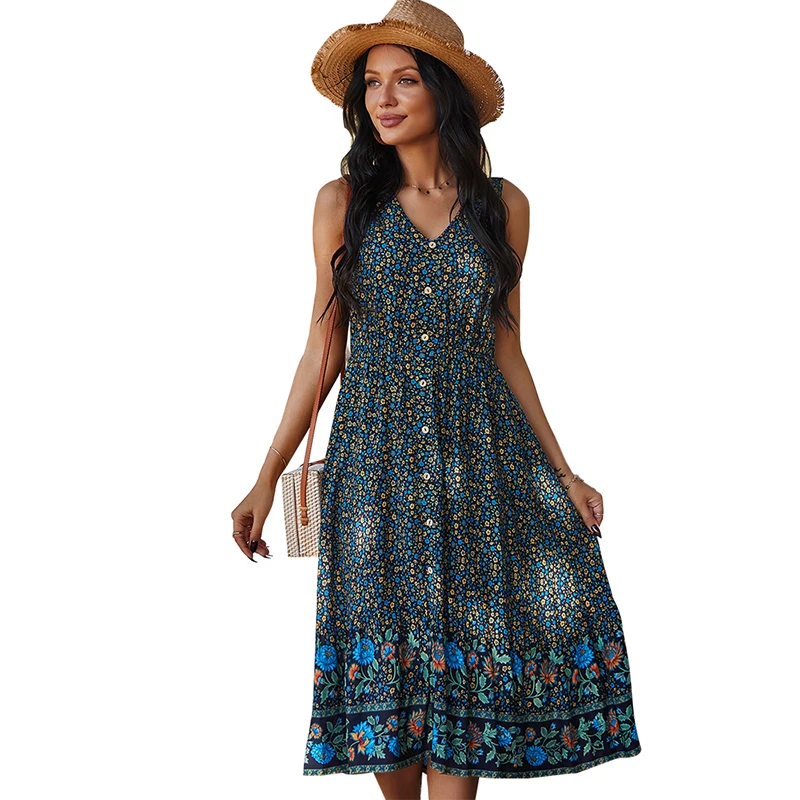 

Women's Summer Dresses Midi Dress Bohemian Floral Printing Sleeveless Button Long Lady Dress