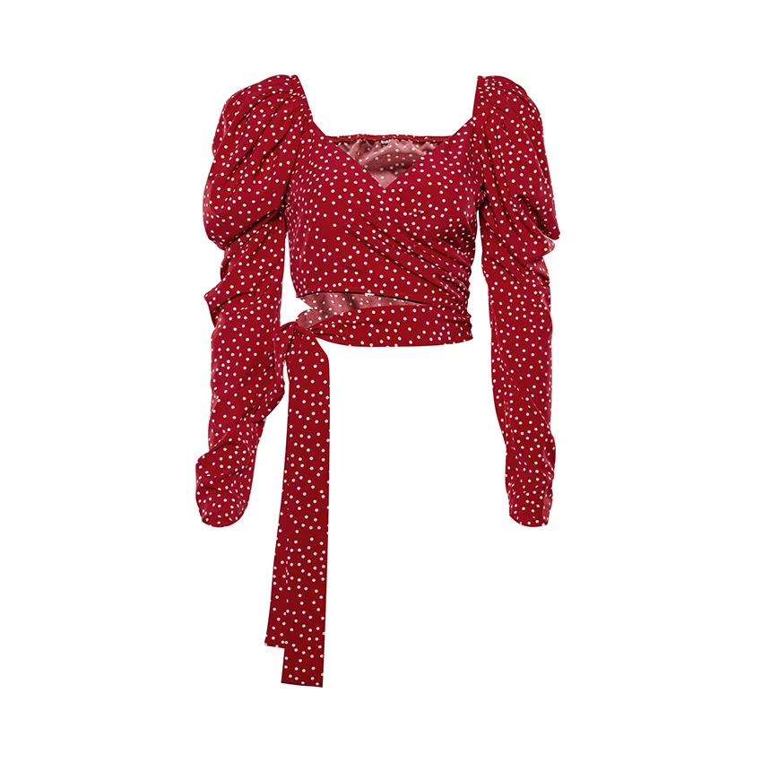 

2020 new arrivals spring hot selling long puff sleeves twist-front red bolka dot women ladies chiffon blouse crop tops