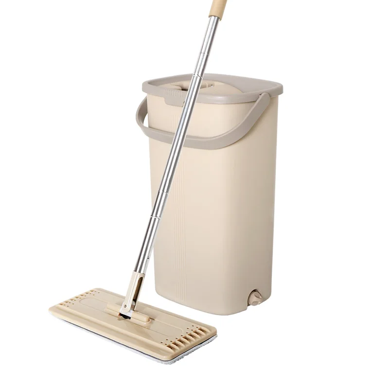 

eco-friendly household bucket mop hand free squeeze flat mop, Light coffee color