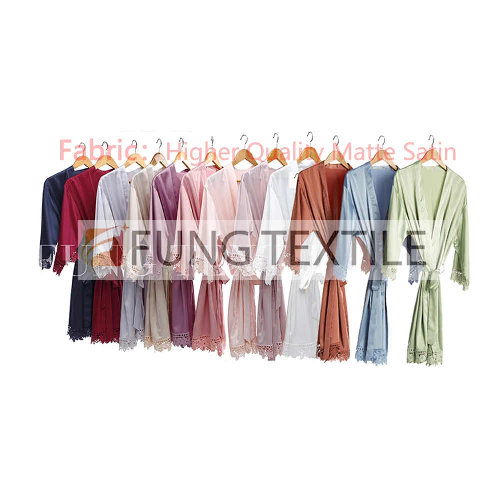 

FUNG 3031 Supplier Stock Bridesmaid Gift OEM High Quality Satin Lace Robe Bridal Bathrobes, Many colors card avavilable choosing or dye