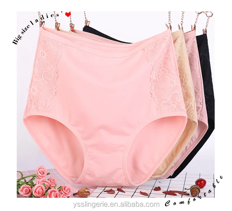 Seamless Plus Size Panties Flower Lace Highrise Cotton For Lady Solid
