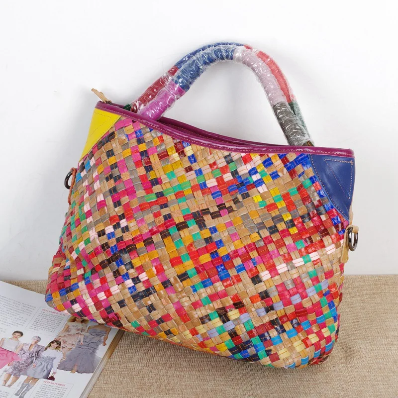 

Ladies Colorful Genuine leather woven stripe Tote Hand-made handbags, Multicolor,black, snake