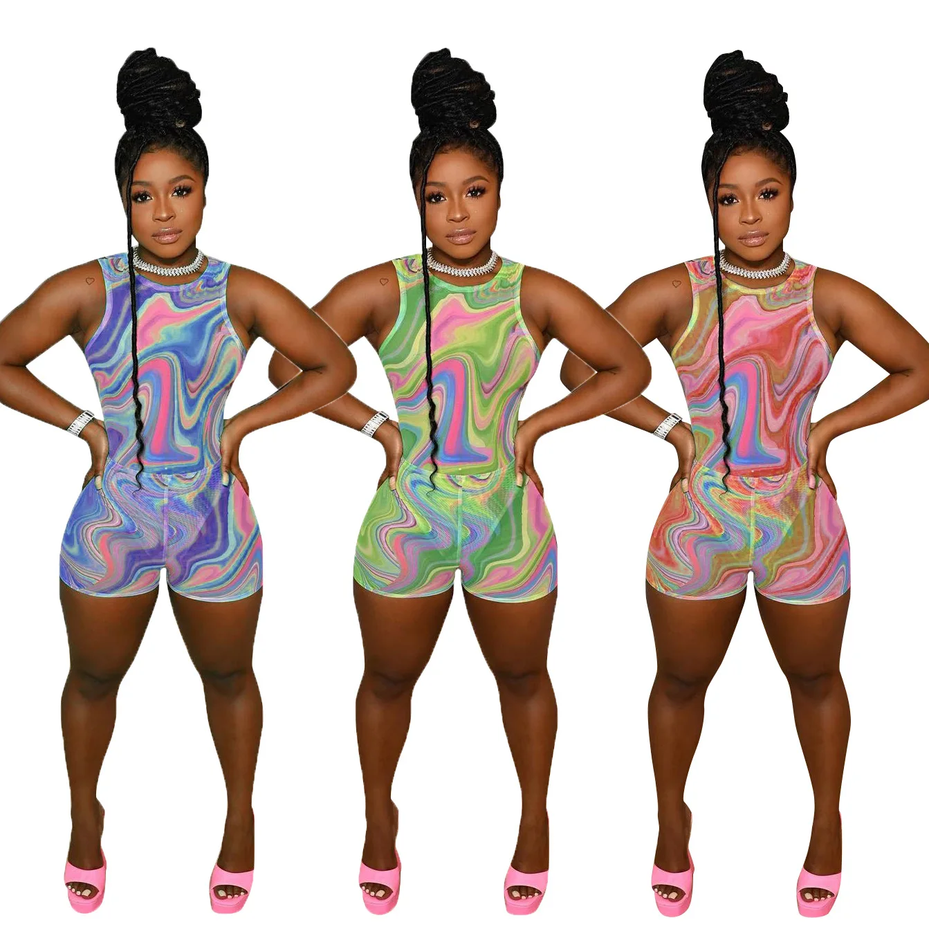 

sports wear summer women sleeveless mini short jumpsuit tie dye bodycon neon casual shinny jumpsuit romper, Custom choose