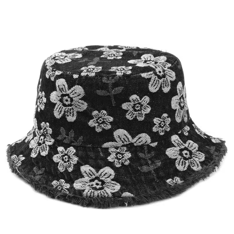 Korean Wash Woollen Rim Pot Hat Embroidered Denim