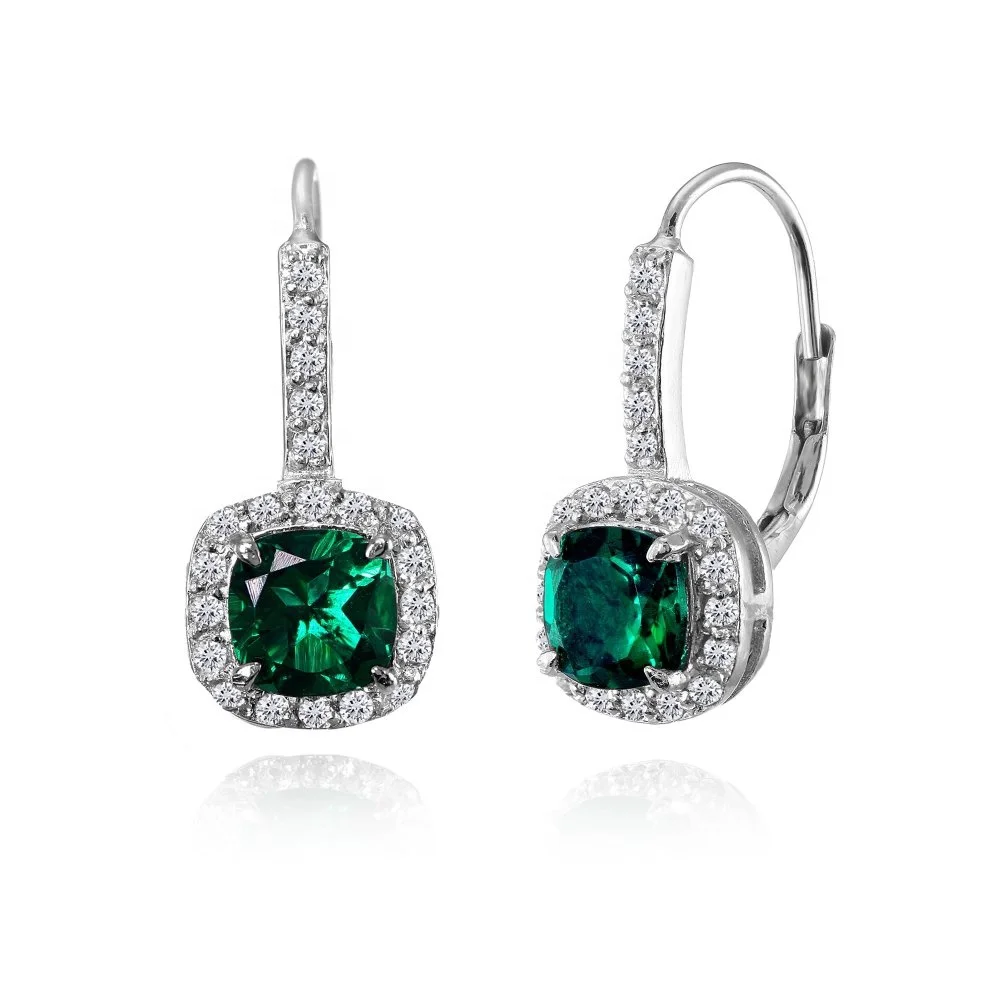 

18K White Gold Plated Nano Gem Sapphire Halos In Sterling Silver 6 X 8 Pear Shape Simulated Emeralds Lever Back Earring, Customized color plated