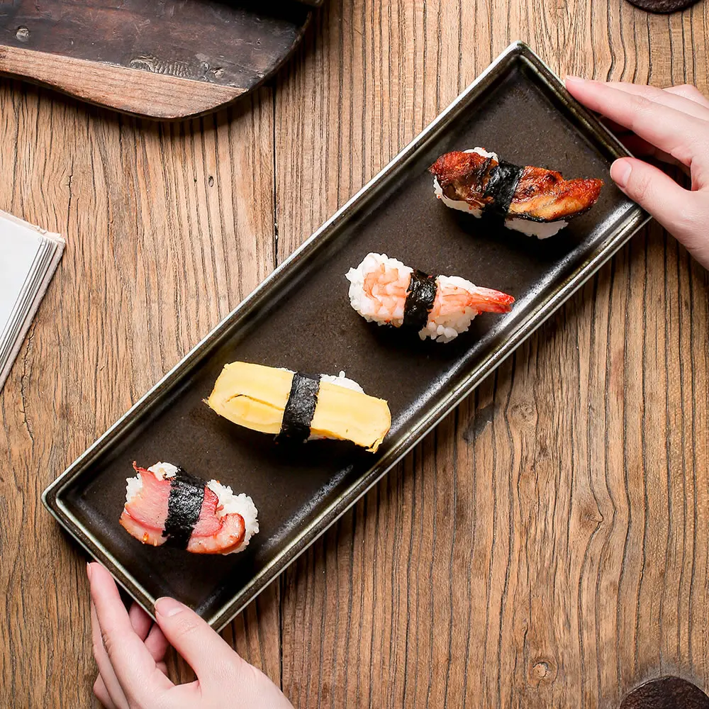 

Factory direct wholesale japanese restaurant reactive black ceramic long serving plate porcelain rectangle sushi dinner plates