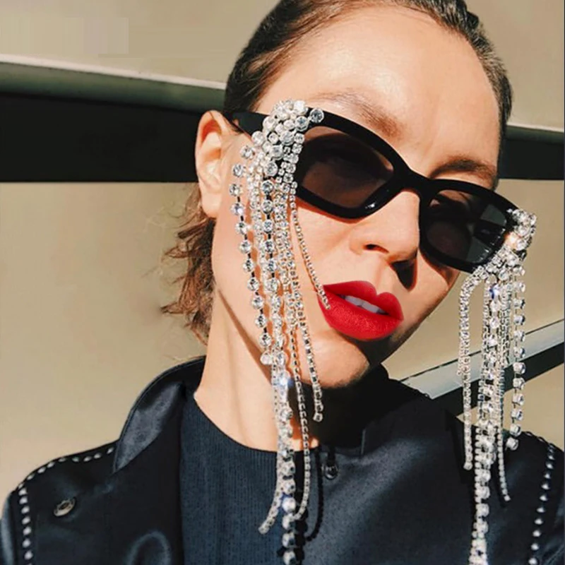 

European American Small Square Frame Handmade Diamond Tassel Sunglasses Unisex Jelly Color Street Glasses Sun Shades, As the picture shows