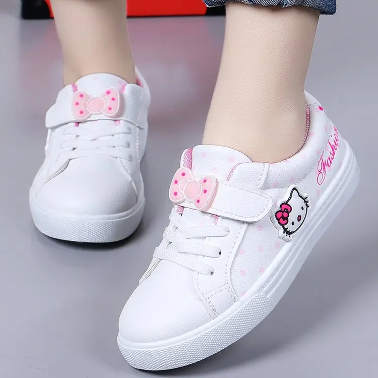 
white pink hello-kitty cat kids sweet cute school sport leather footwear student girl casual children sneaker shoes 