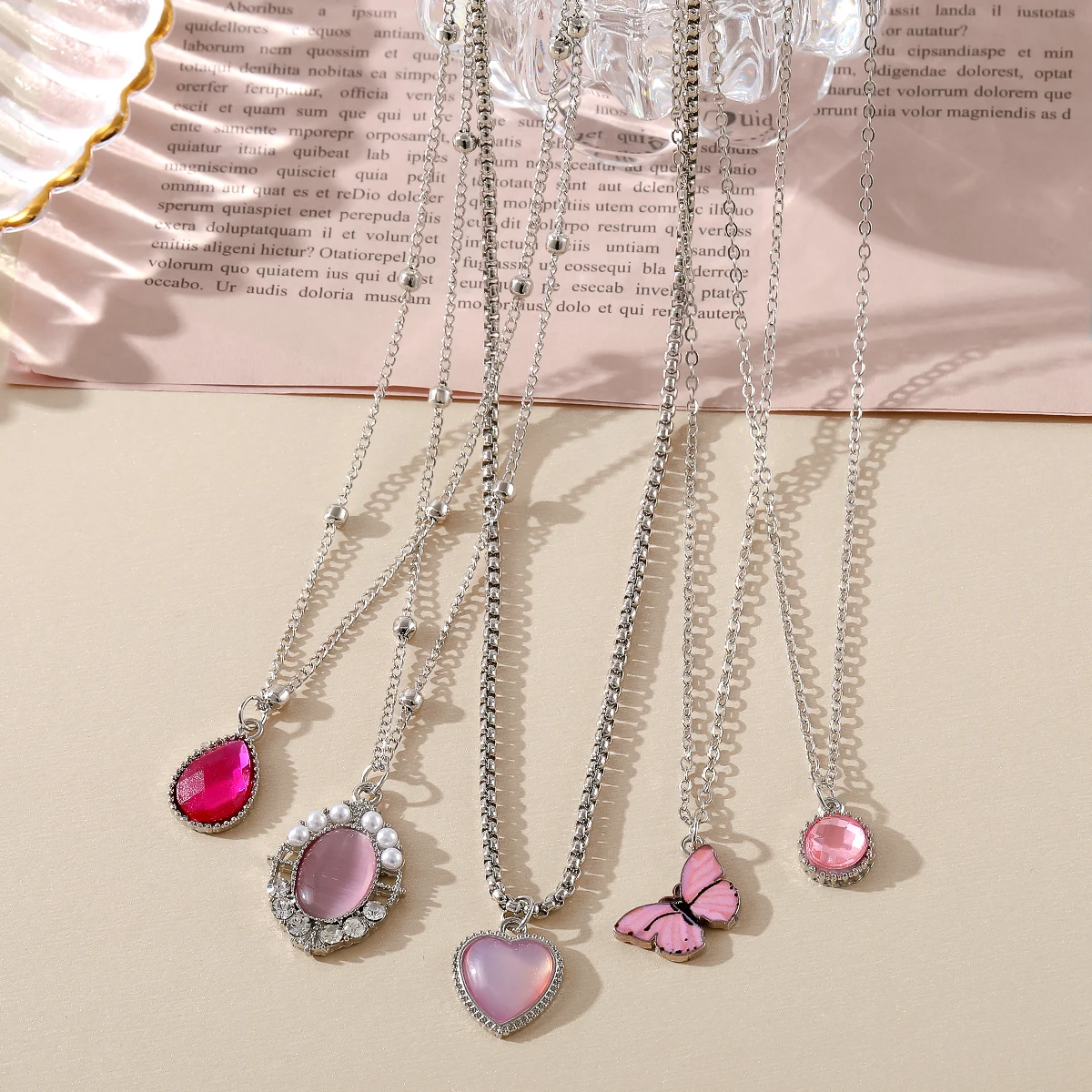 VKME Fashion New Colorful Butterfly Drop Shape Heart Rhinestone Necklace Set Wholesale