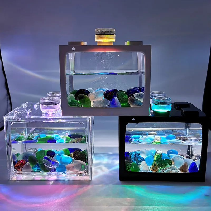 

Small desktop creative ecological tank micro landscape bucket fish tank mini tropical fish aquarium with led light, Multiple colour