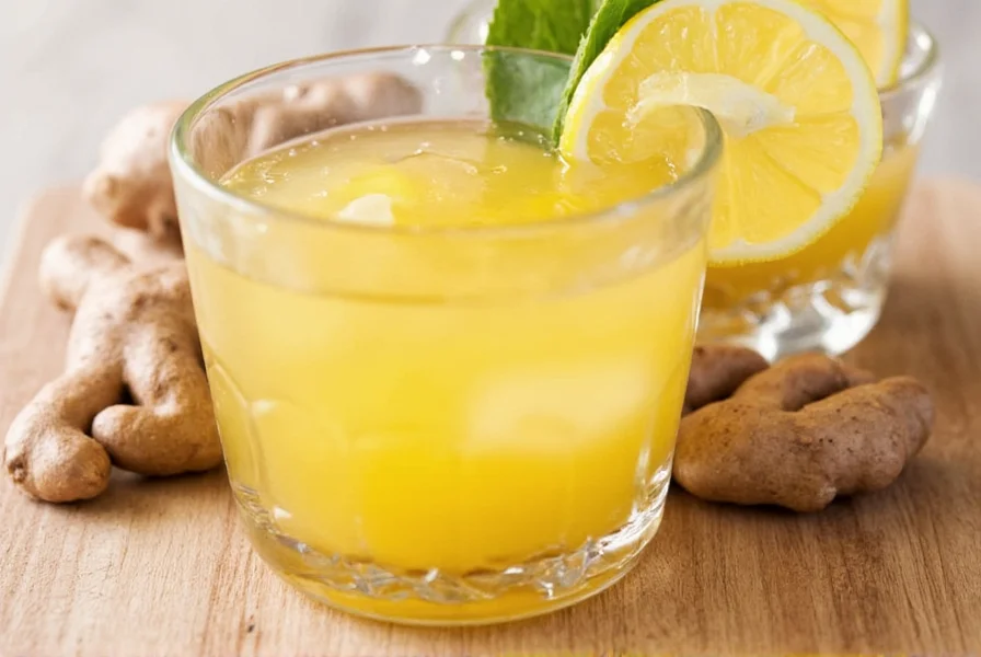Fresh ginger root and slices on wooden cutting board