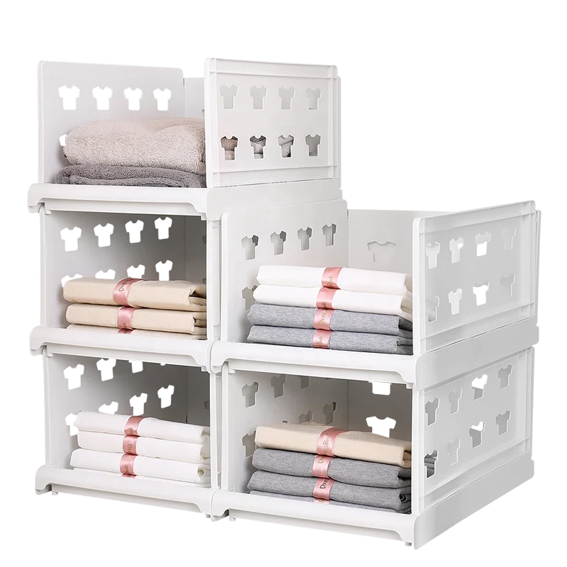 

Hot Selling Stackable Cabinet Wardrobe Organizer Drawer Folding Clothes Storage Racks and Boxes, White