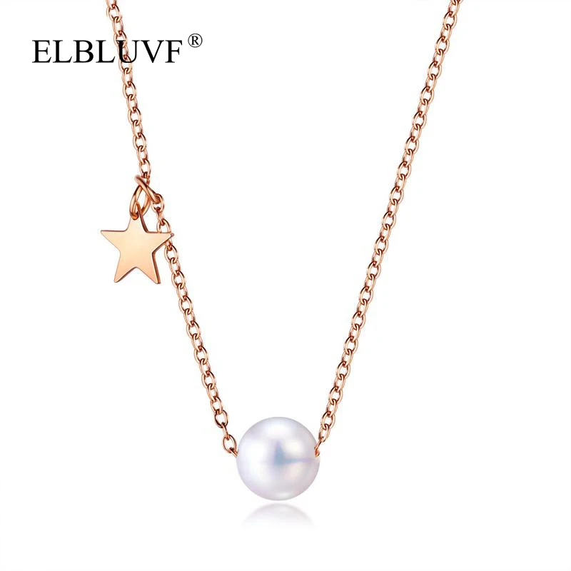 

ELBLUVF Free Shipping Simple Stainless Steel Rose Gold Plated Pearl Star Pendant Necklace For Women Wholesale