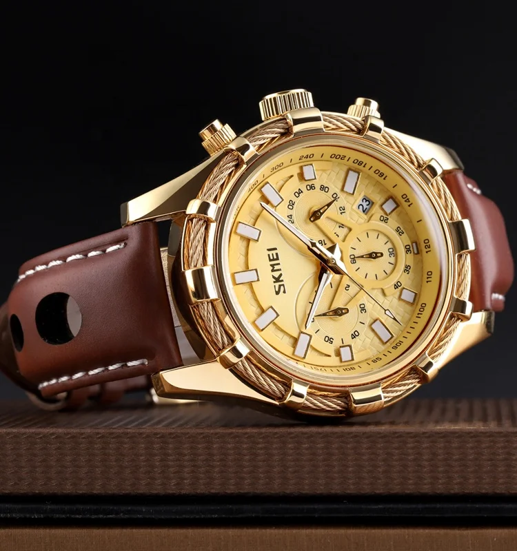 

skmei 9189 custom men watch 2019 luxury leather strip analog stopwatch watches wrist, 4 colors