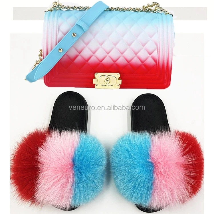 

2020 new wholesale Rainbow color two piece set furry sandals jelly purses handbags with matching real fox fur slides for women, Customized color