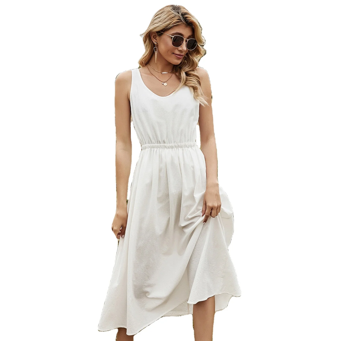 

Wholesale Cotton Linen Sleeveless O neck Fit and Flare Blank Simple Women White Maxi Dress