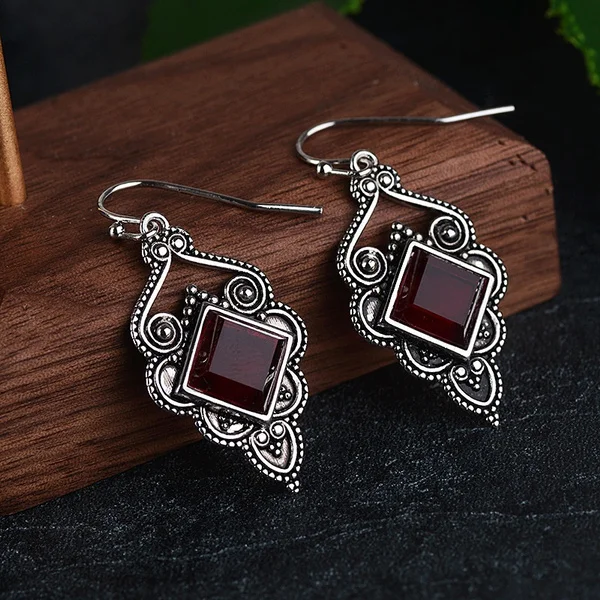 

New Style Red Ruby Gemstone Earring Square Garnet S925 Retro Thai silver Dangle Earrings